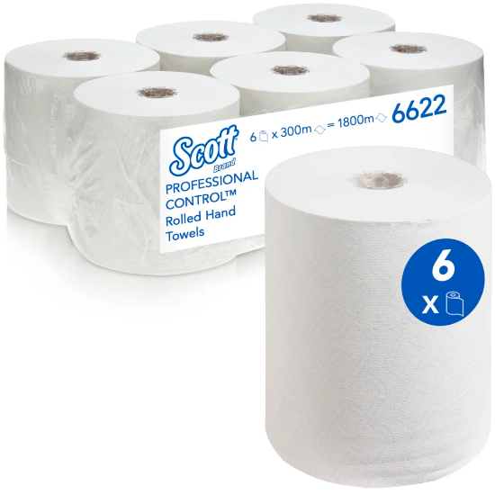 Scott® Control™ Rolled Hand Towels 6622 - 6 x 300m white, 1 ply rolls