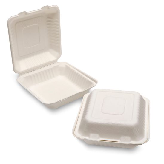 8" Meal Box Bagasse, White, 200/Case, 205 x 205 x 80mm