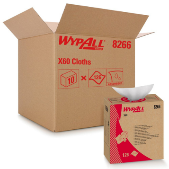 WypAll® X60 Cloths 8266 - Cleaning Cloths - 10 Pop-Up Boxes x 126 White Wiping Cloths (1,260 total)