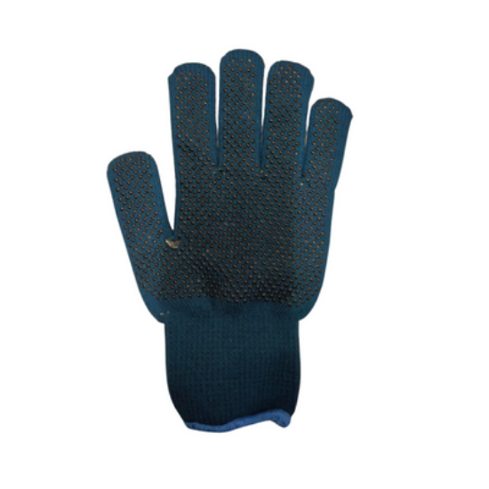 Picture of NAVY SEAMLESS POLYESTER KNITTED GLOVE WITH PALM DOT, SOLD/PAIR, GREEN TRIM ON CUFF,
SIZE: MEDIUM