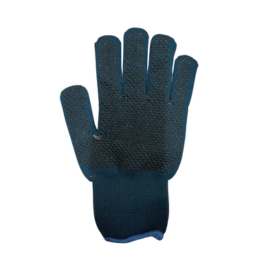 Picture of NAVY SEAMLESS POLYESTER KNITTED GLOVE WITH PALM DOT, SOLD/PAIR, GREEN TRIM ON CUFF,
SIZE: MEDIUM