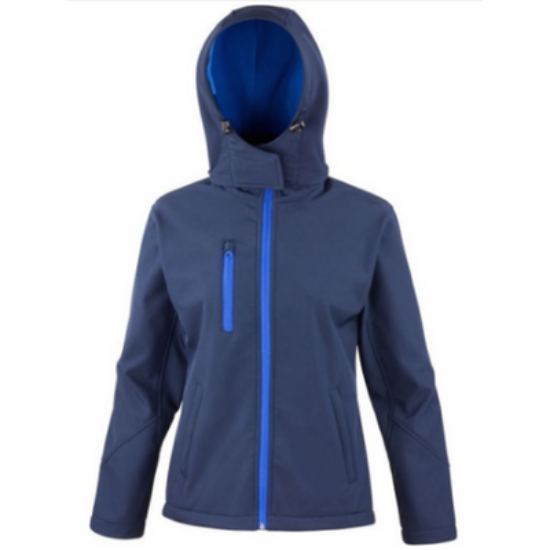 Navy Ladies Result Softshell Jacket, C/W Hilltop Dancers Dergina Logo