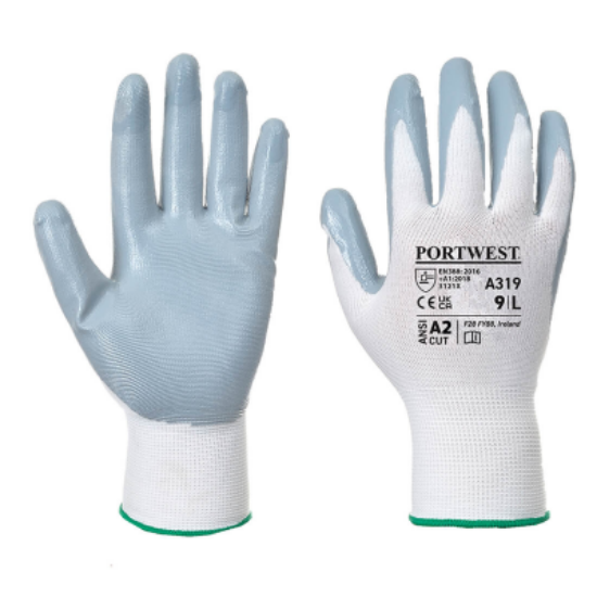 Portwest Nitrile Coated Glove, Grey/White, Retail Pack