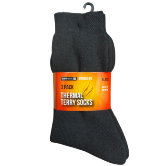 Picture of Bodytech Thermal Terry Socks, Black, 3 Pairs/Pack, Size 6-11
