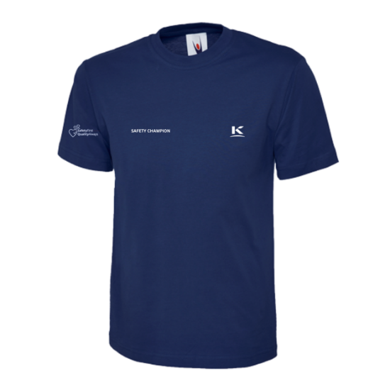 Picture of NAVY T-SHIRT, C/W EMB LOGOS, K118 ON RIGHT SLEEVE, K126 ON L/B, 'SAFETY CHAMPION' ON R/B