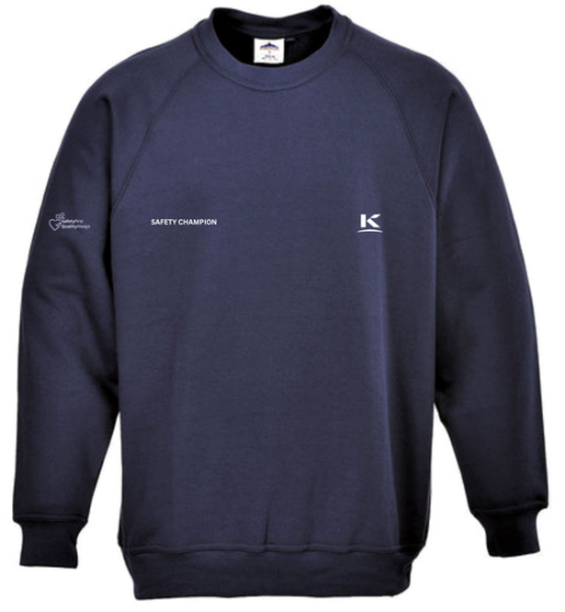 Picture of NAVY SWEATSHIRT, C/W EMB LOGOS, K118 ON RIGHT SLEEVE, K126 ON L/B, 'SAFETY CHAMPION' ON R/B