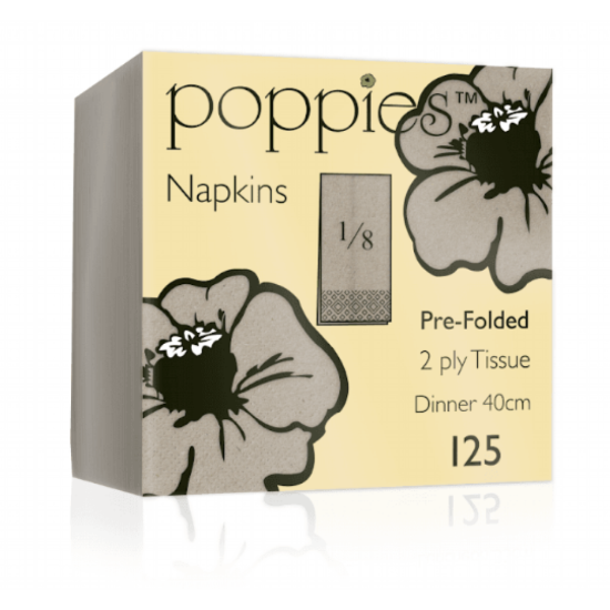 Poppies Recycled Unbleached Dinner Napkins, 8 Fold, 40cm, 2 Ply, White, 2000/Case