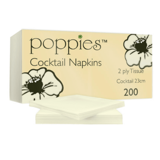Poppies Champagne Cocktail Napkins, 24cm, 2 Ply, White, 4000/Case