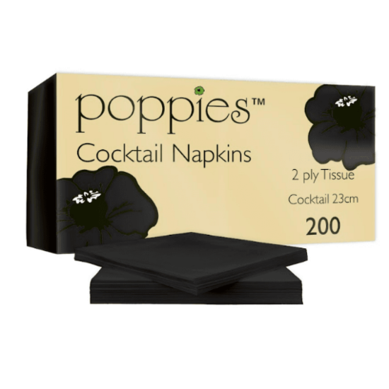 Poppies Cocktail Napkins, 24cm, 2 Ply, Black, 4000/Case