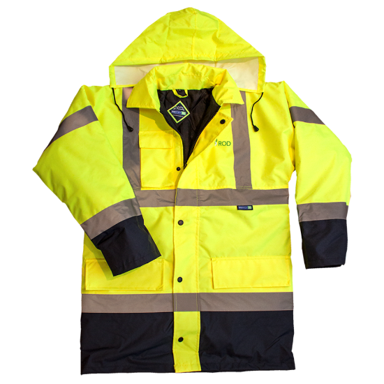Picture of Two Tone Hivis Coat Yellow/Navy C/W Metro Rod Logo M375 on L/B & Back