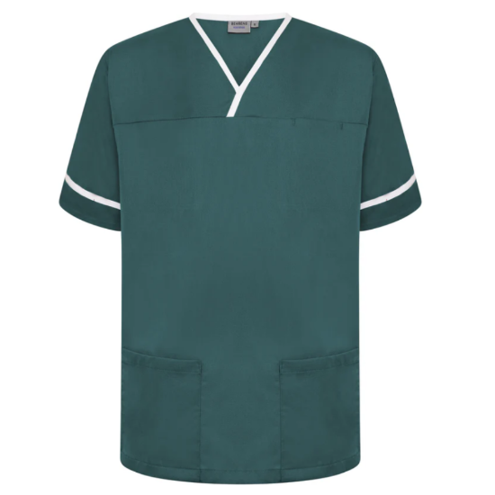 Contrast Trim Smart Scrub Top, Bottle Green/White Trim
