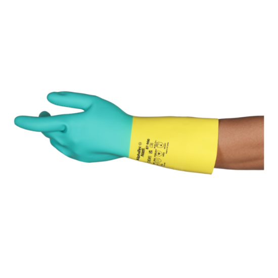 Picture of Ansell AlphaTec 87-900 Heavy Latex/Neoprene Gloves, Yellow/Green, Pair, Size 9.5-10 