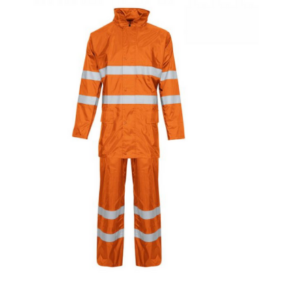 Picture of HIVIS ORANGE, CONTRACTOR 2 PIECE POLYESTER/PVC RAINSUIT,
JACKET & TROUSER SET, SIZE: MEDIUM